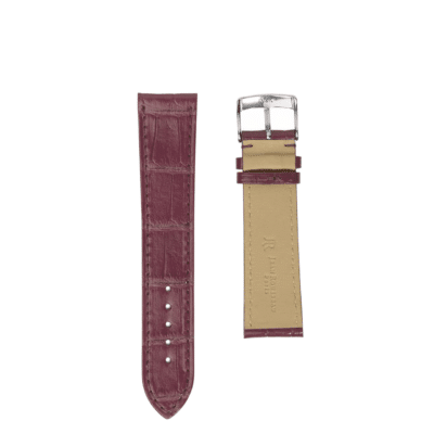 <span class="cat_name">Flat Watch strap</span><br><span class="material_name">Shiny alligator</span><br><span class="color_name">Dark Red</span>