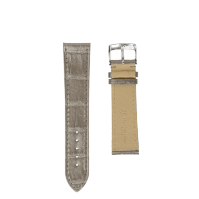 <span class="cat_name">Flat Watch strap</span><br><span class="material_name">Shiny alligator</span><br><span class="color_name">Grey</span>